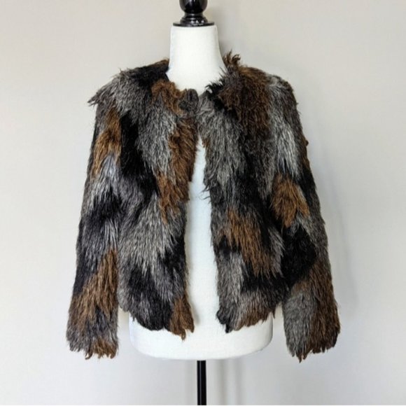 Faux fur fuzzy warm brown jacket- brown, gray and black - Picture 2 of 6